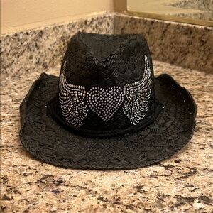 Black Straw Hat with Rhinestone Heart Design
